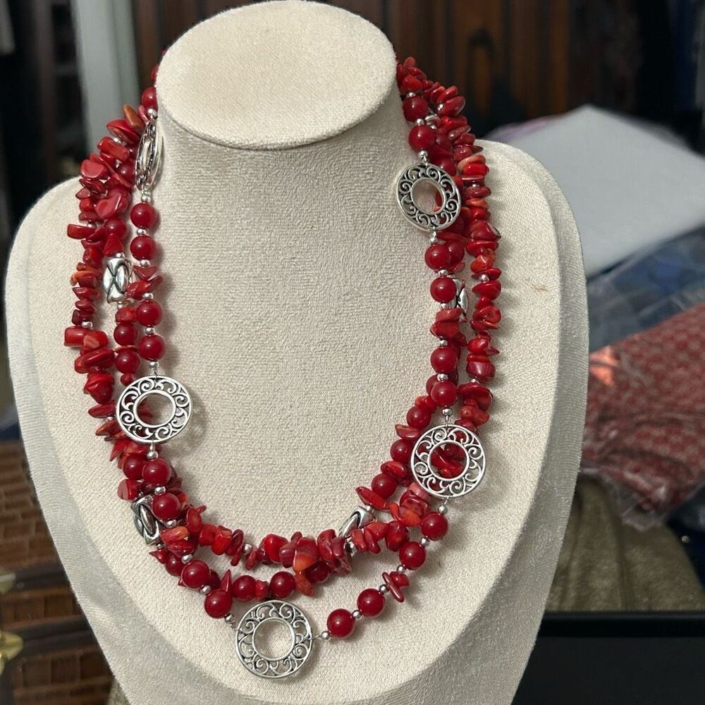 Premier Designs Beaded Necklace Red And Silvertone Triple Strand Adjustable